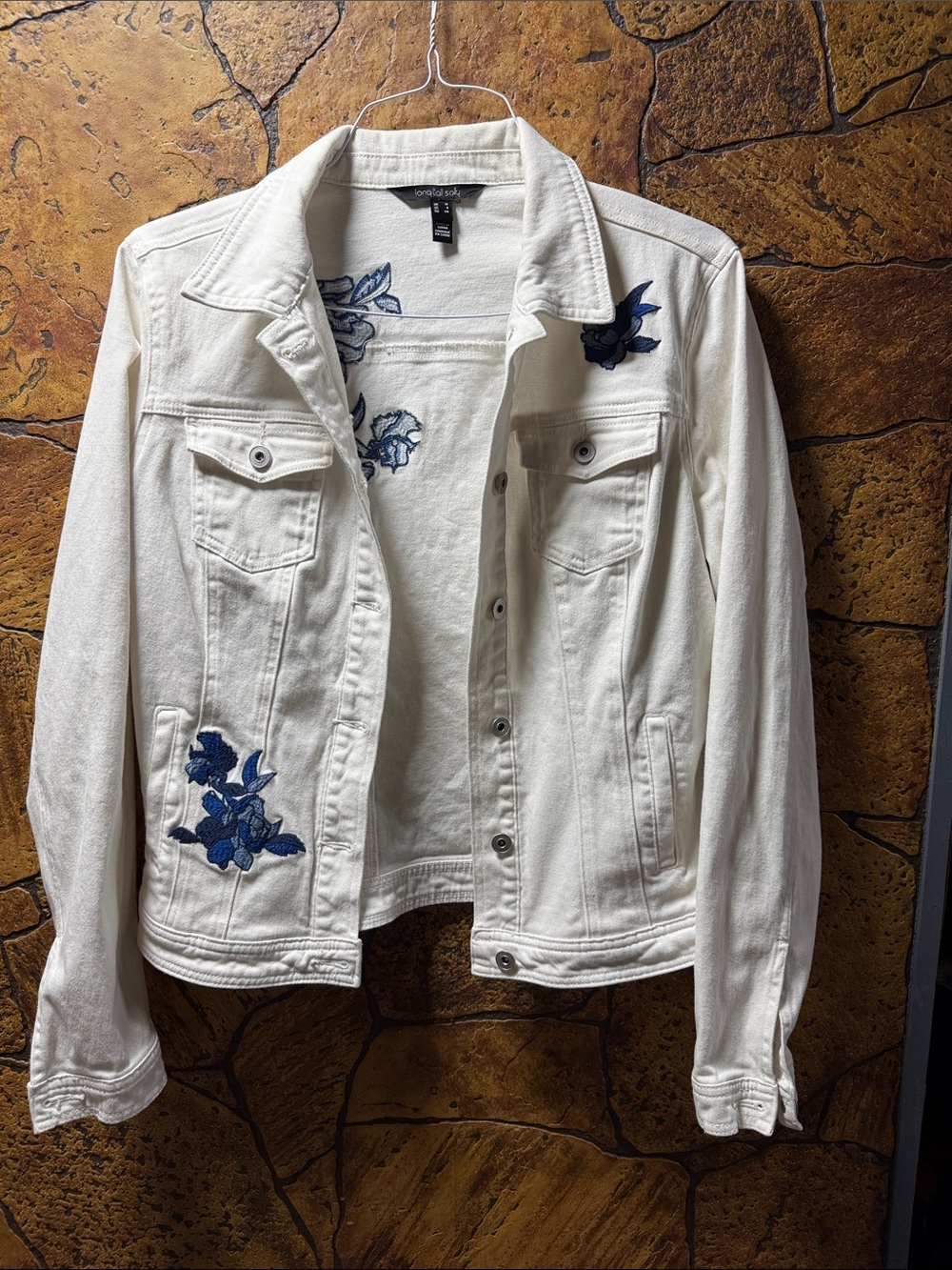 long tall sally White Denim Jacket with Blue Floral Embroidery P2P 20” length 22